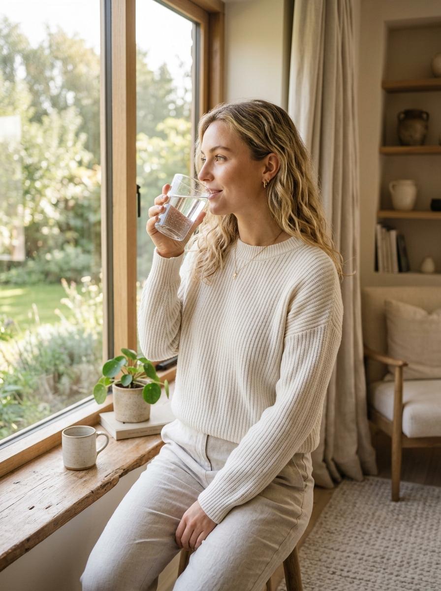 Woman drinking water in morning light